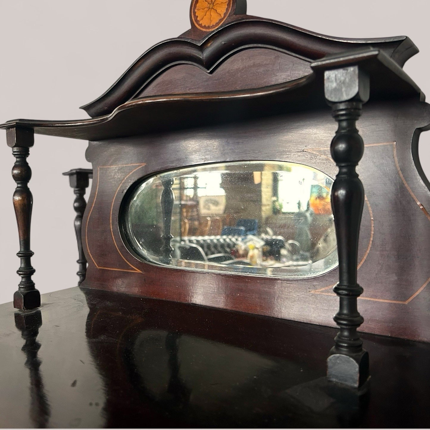 Antique Edwardian Inlaid Display Cabinet with Mirror