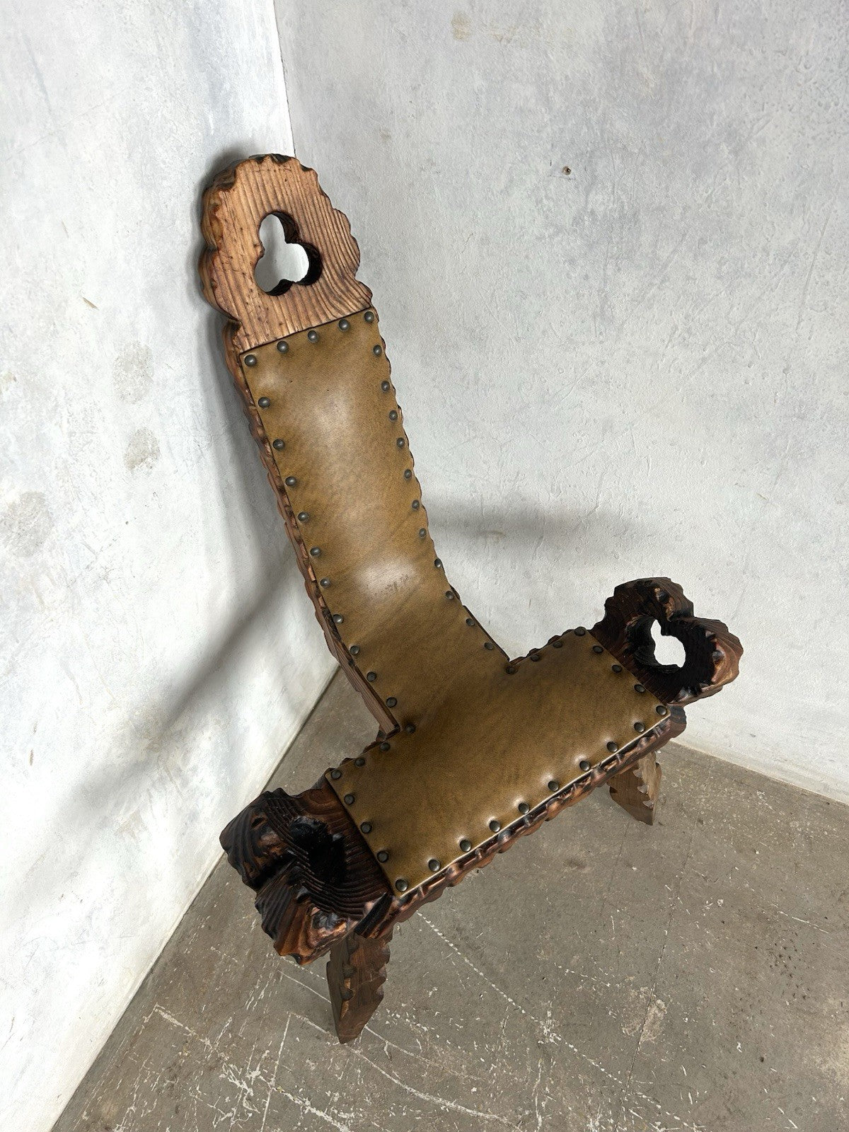 Retro Vintage Spanish Brutalist Wood Carved Birthing Chair - Tripod Seat