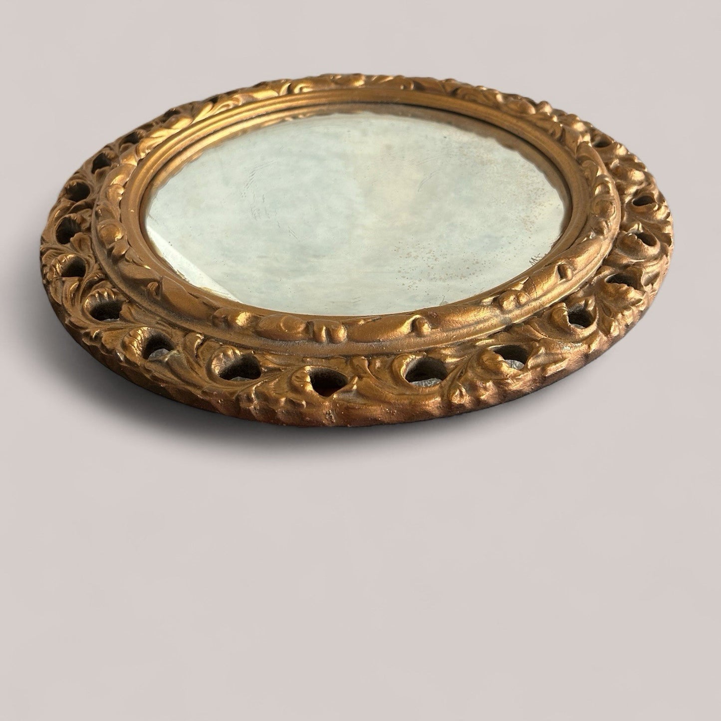 Antique Vintage Circular Carved Wood Framed Mirror with Convex Glass / Fish Eye