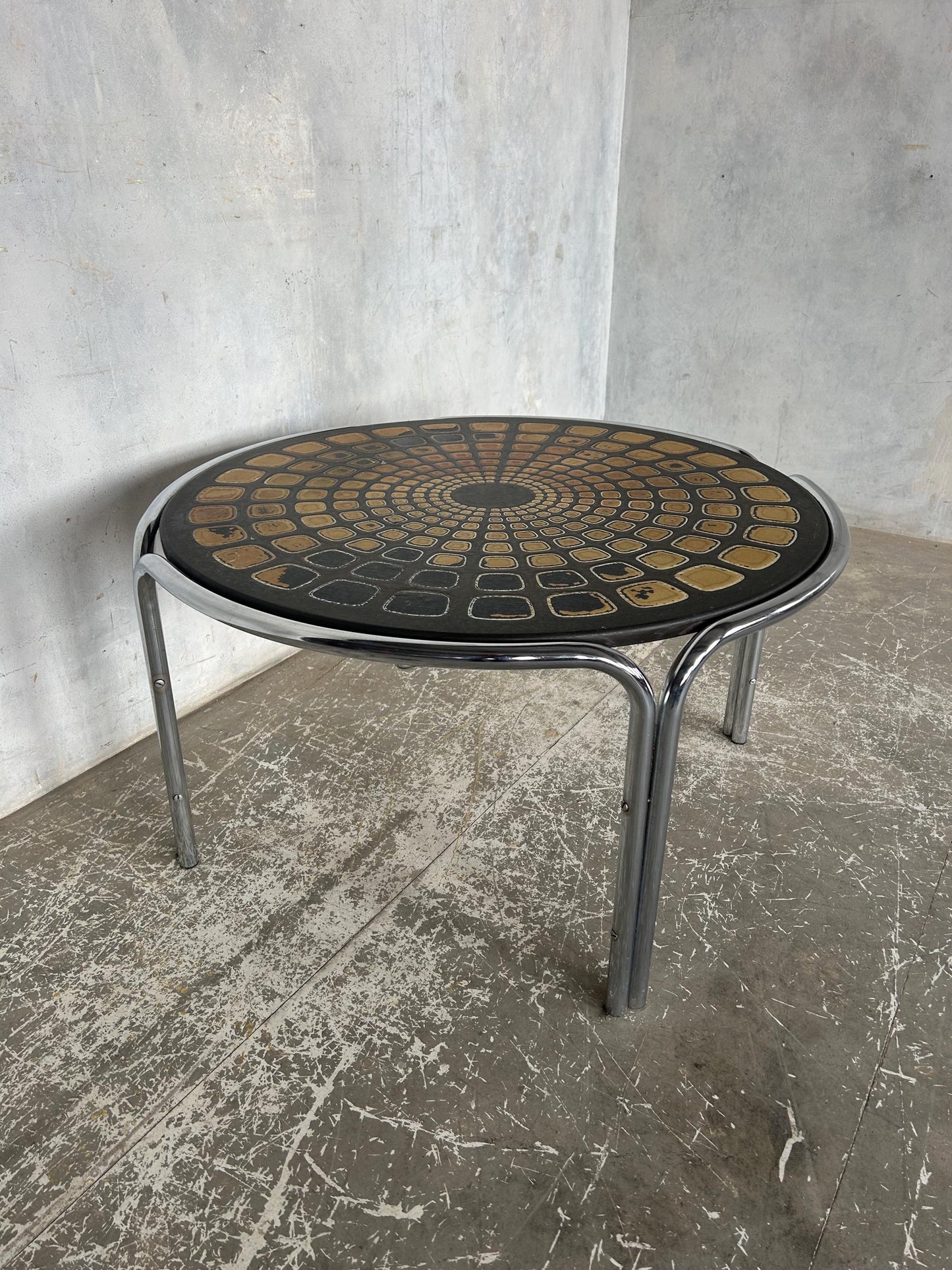 Retro 1970s Circular Coffee Table with Geometric Design