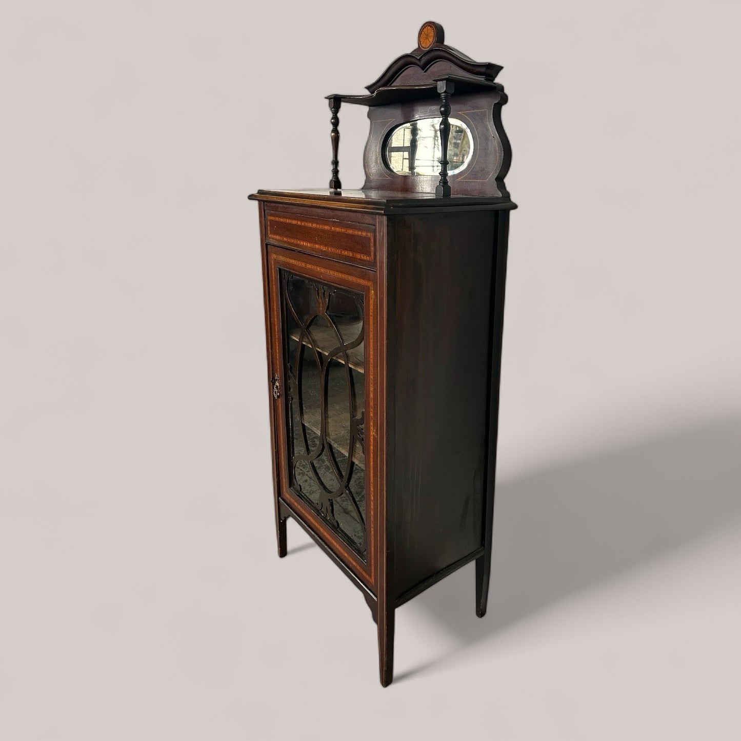 Antique Edwardian Inlaid Display Cabinet with Mirror