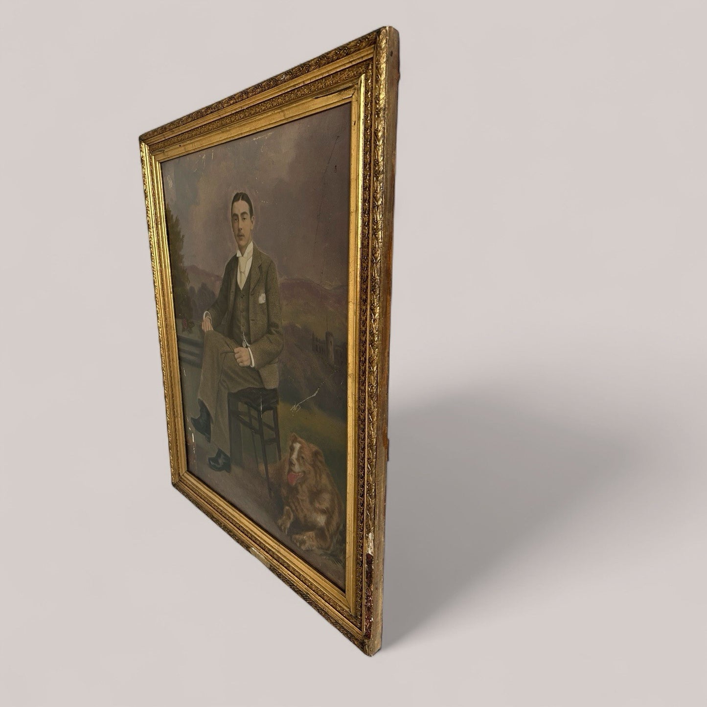 Edwardian Oil Portrait of Gentleman with Dog in Gilt Frame