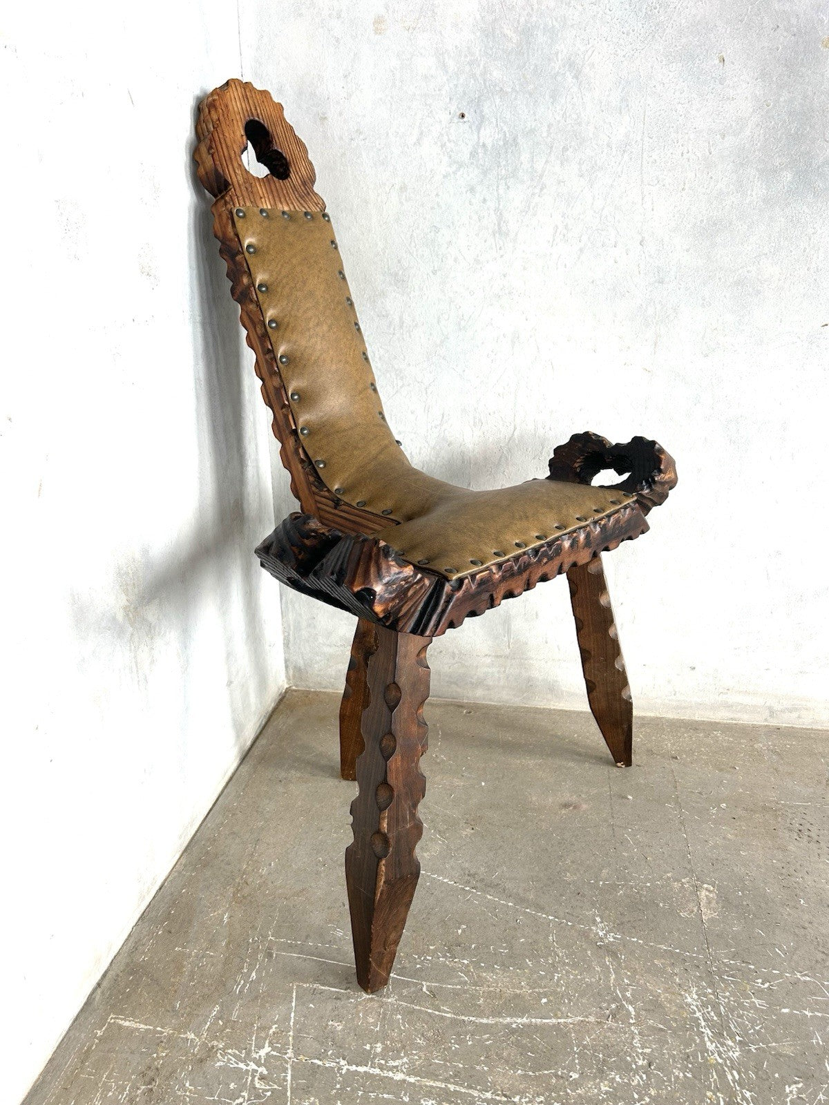 Retro Vintage Spanish Brutalist Wood Carved Birthing Chair - Tripod Seat