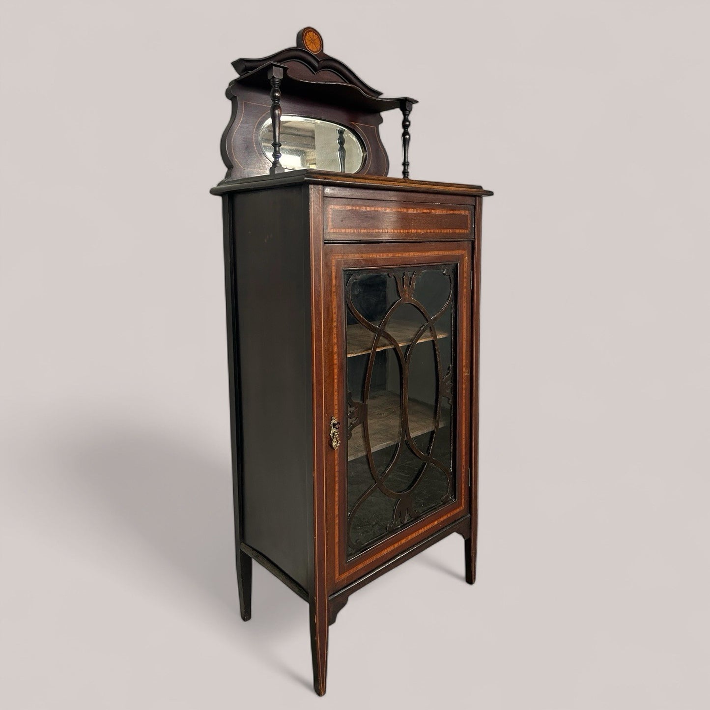 Antique Edwardian Inlaid Display Cabinet with Mirror