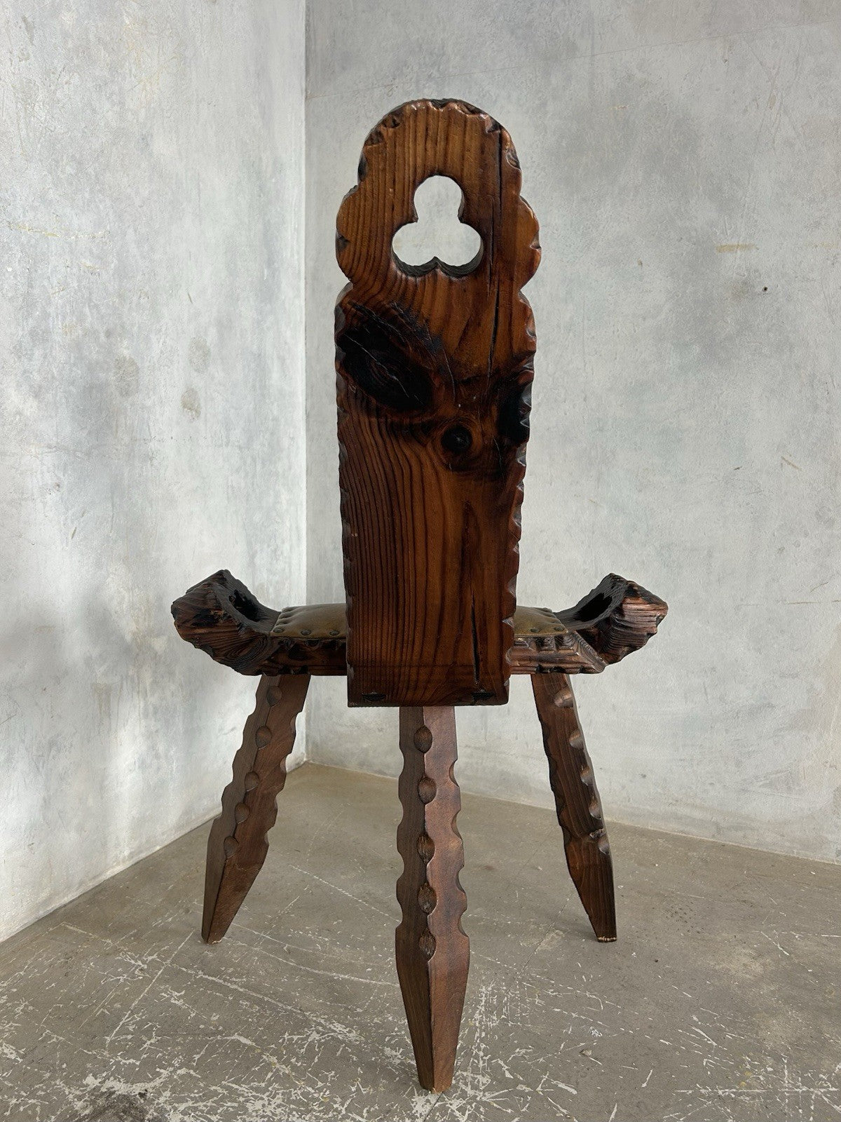 Retro Vintage Spanish Brutalist Wood Carved Birthing Chair - Tripod Seat