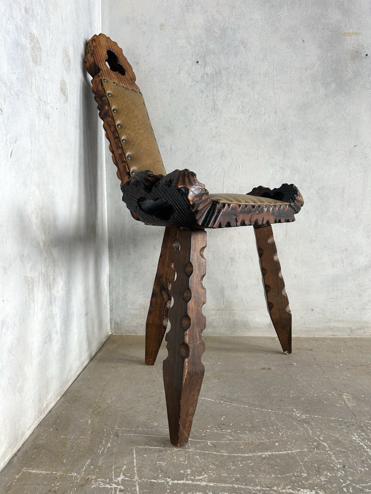 Retro Vintage Spanish Brutalist Wood Carved Birthing Chair - Tripod Seat