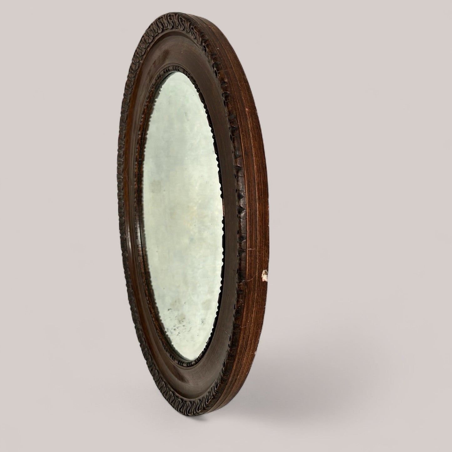 Edwardian Oval Wall Mirror with Carved Wooden Frame and Original Glass