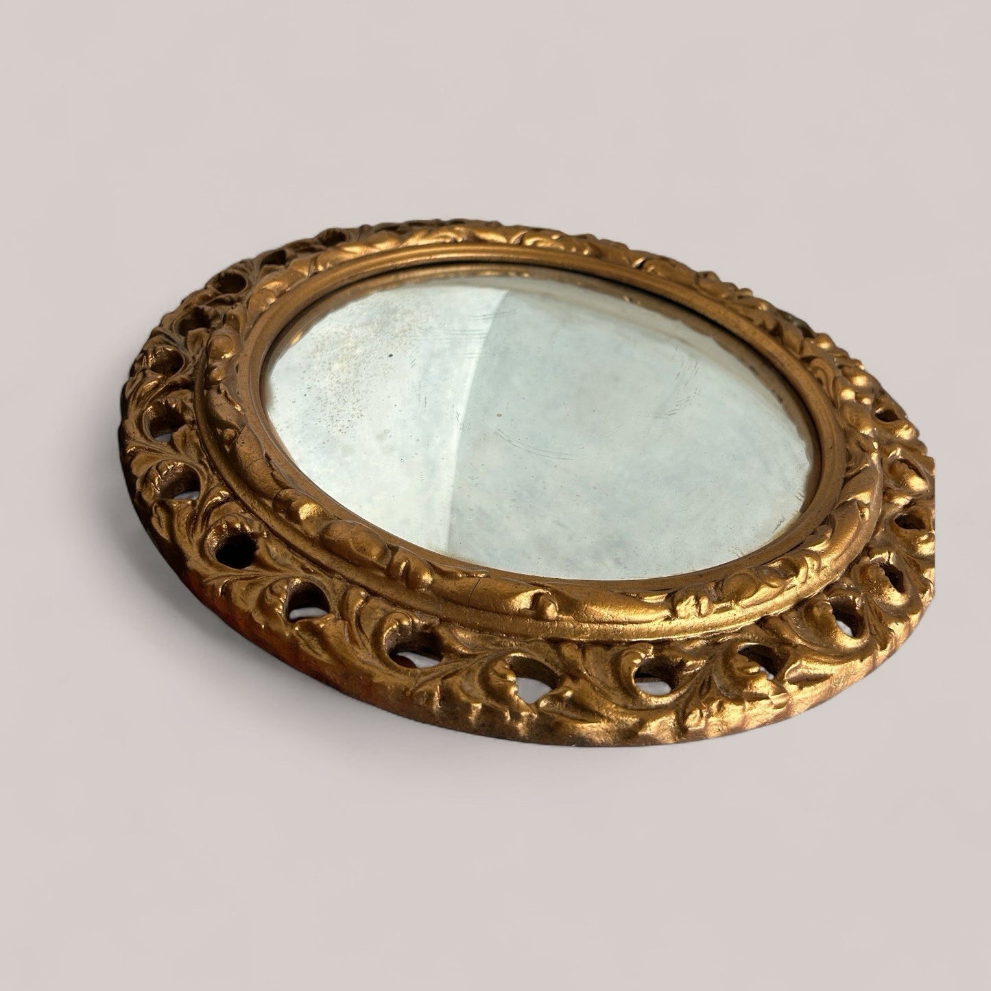 Antique Vintage Circular Carved Wood Framed Mirror with Convex Glass / Fish Eye