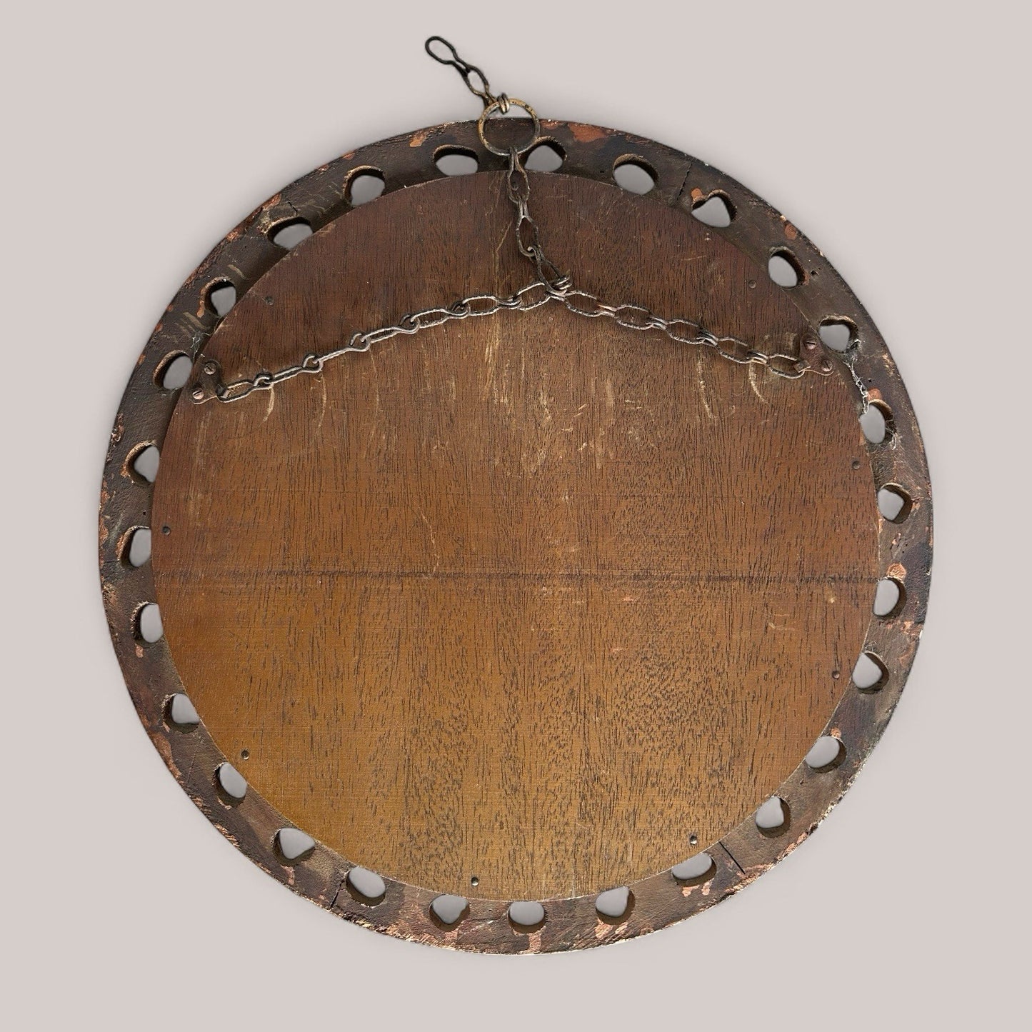 Antique Vintage Circular Carved Wood Framed Mirror with Convex Glass / Fish Eye