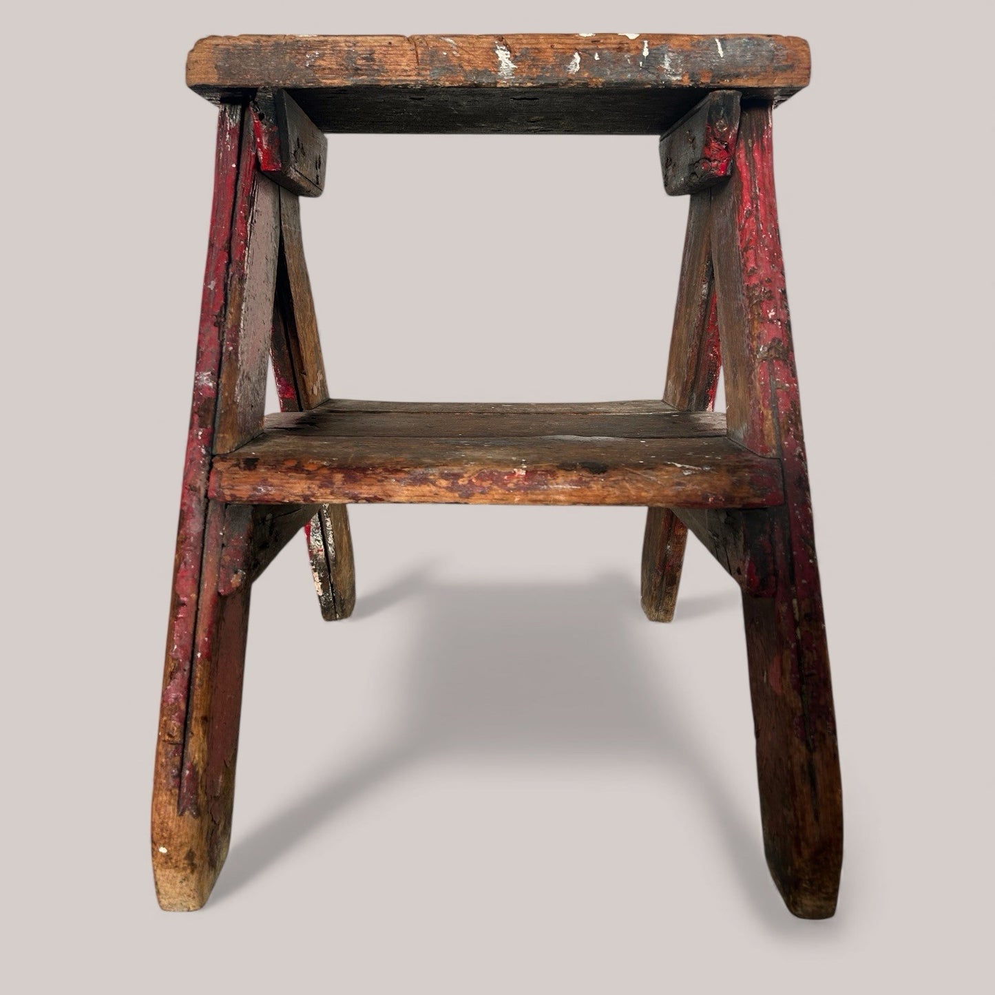 Vintage Wooden Step Stool with Red Paint Patina