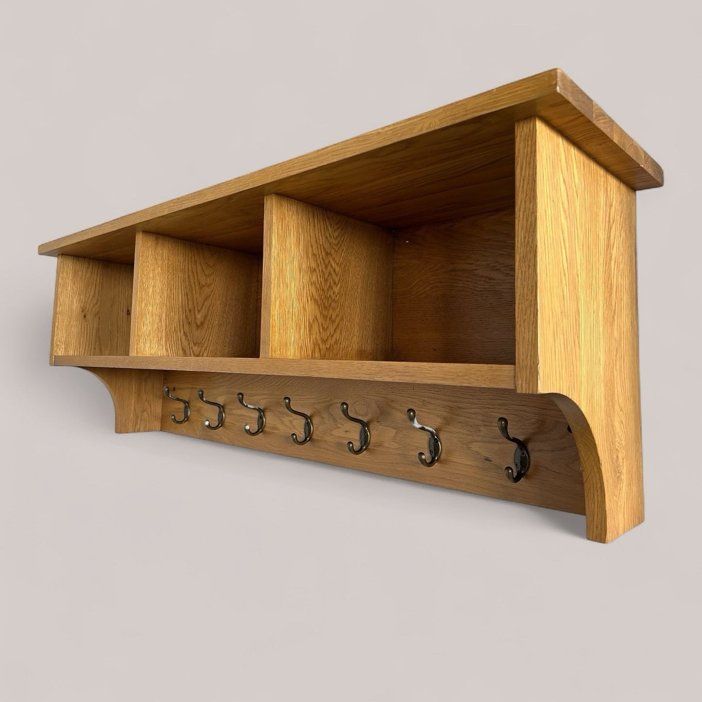 Solid Oak Wall-Mounted Coat Rack with Shelf and Cubby Storage
