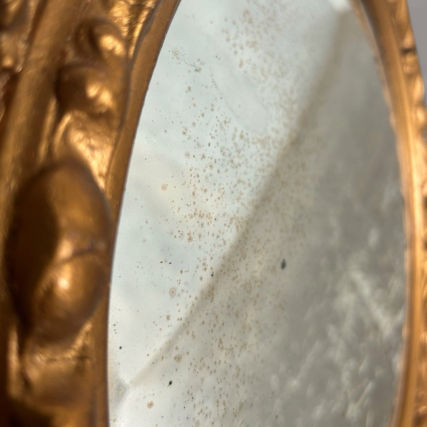 Antique Vintage Circular Carved Wood Framed Mirror with Convex Glass / Fish Eye