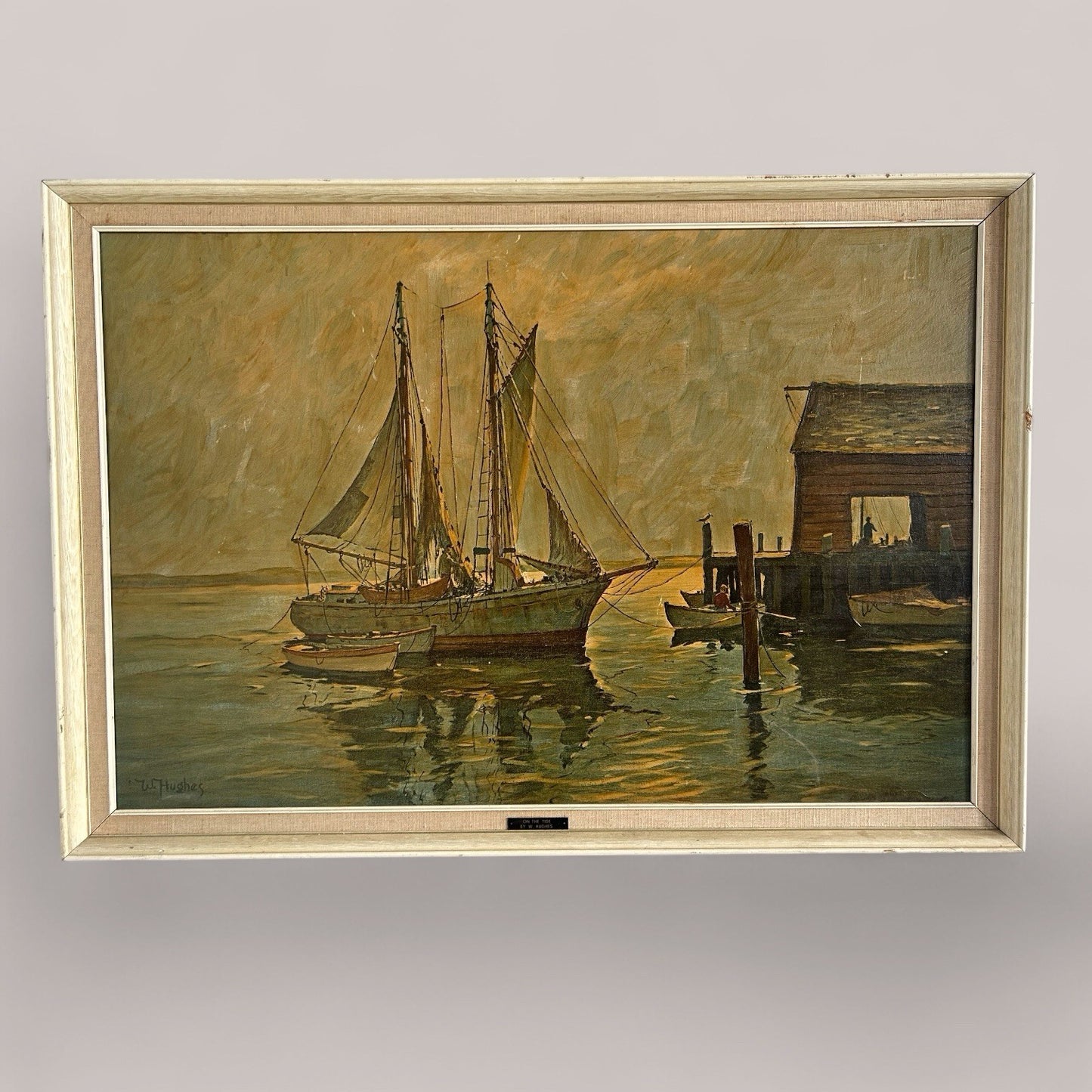 1960s Framed Maritime Print – On the Tide by W. Hughes – Nautical Seascape