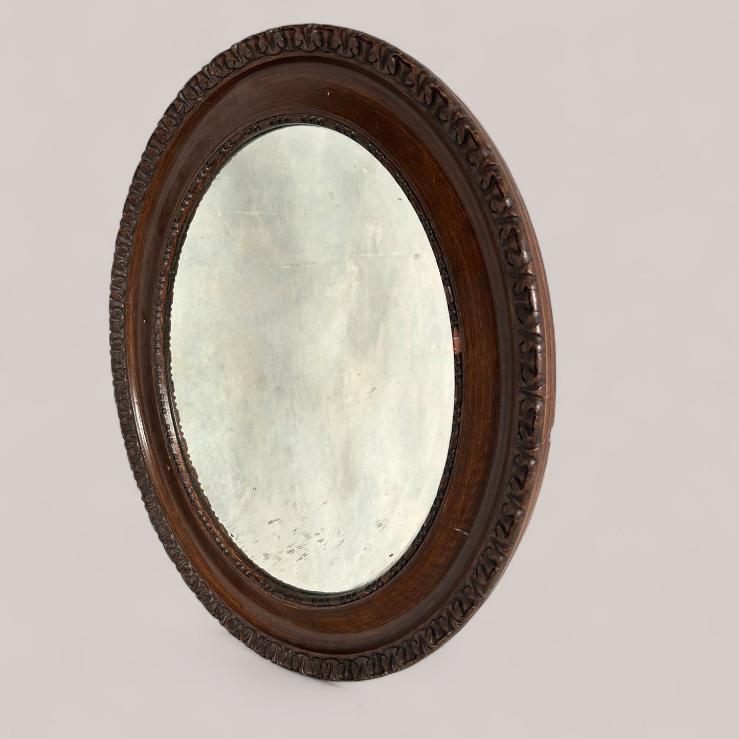 Edwardian Oval Wall Mirror with Carved Wooden Frame and Original Glass