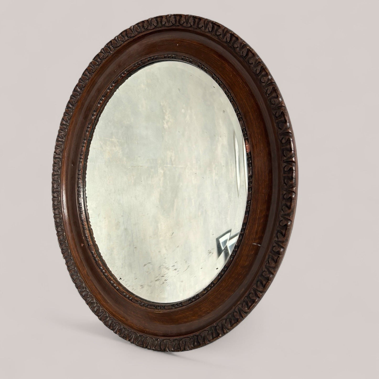 Edwardian Oval Wall Mirror with Carved Wooden Frame and Original Glass