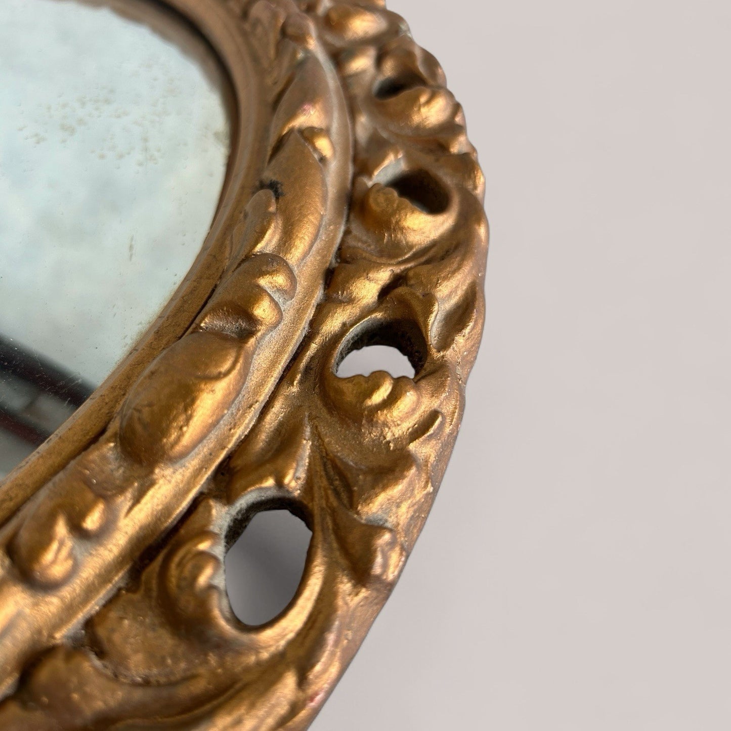Antique Vintage Circular Carved Wood Framed Mirror with Convex Glass / Fish Eye