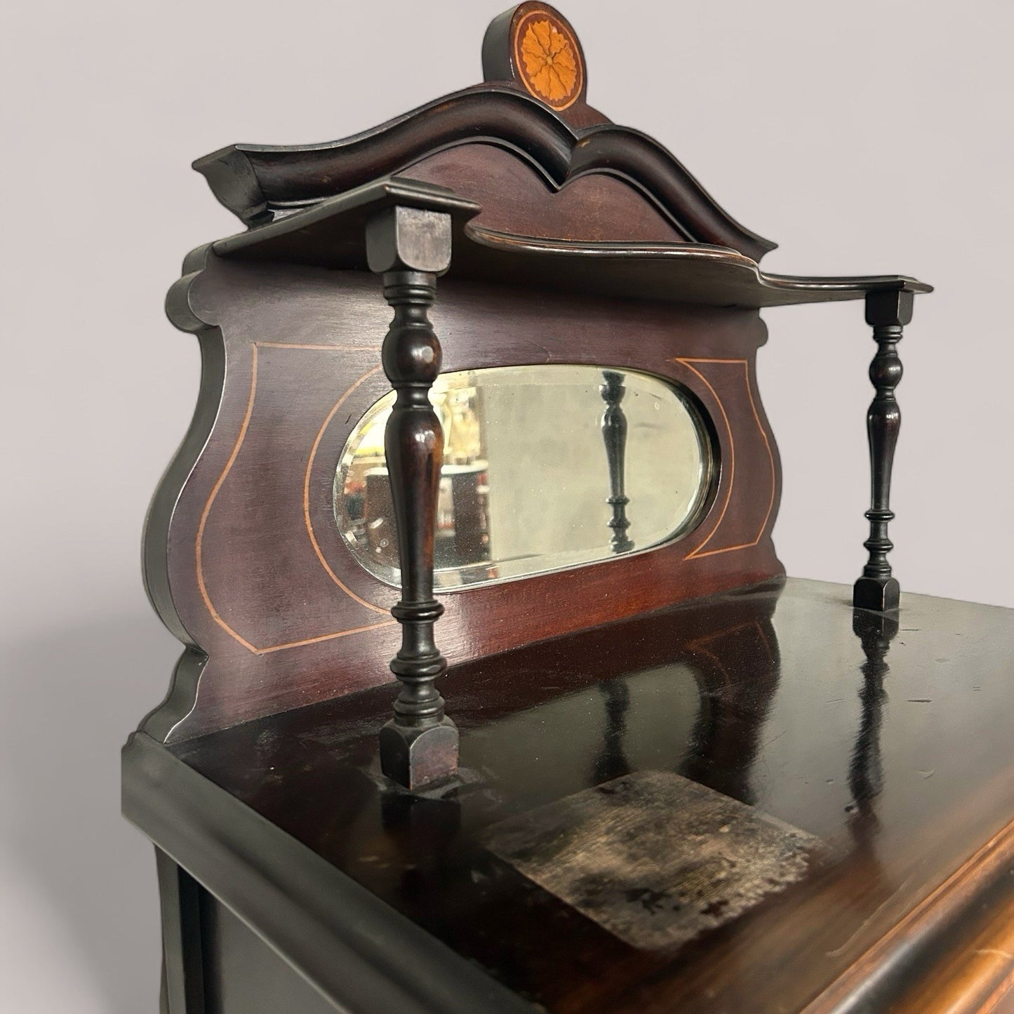 Antique Edwardian Inlaid Display Cabinet with Mirror