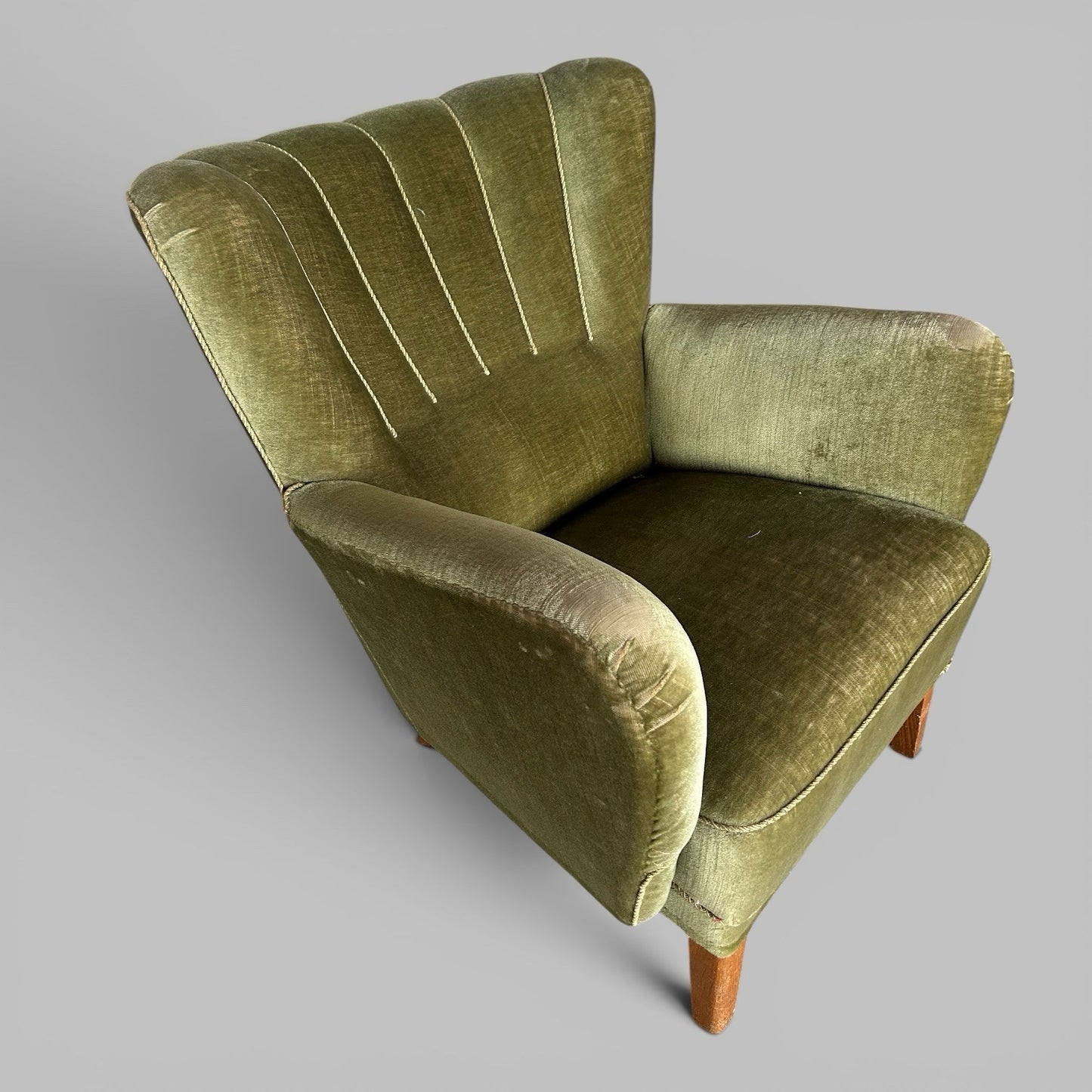 1930s Scallop Back Armchair in Green Velvet