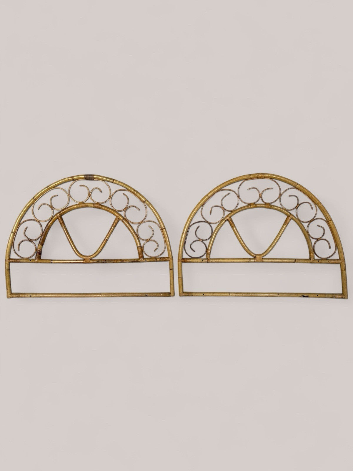 Pair of Vintage peacock style Bamboo bed heads. boho tiki