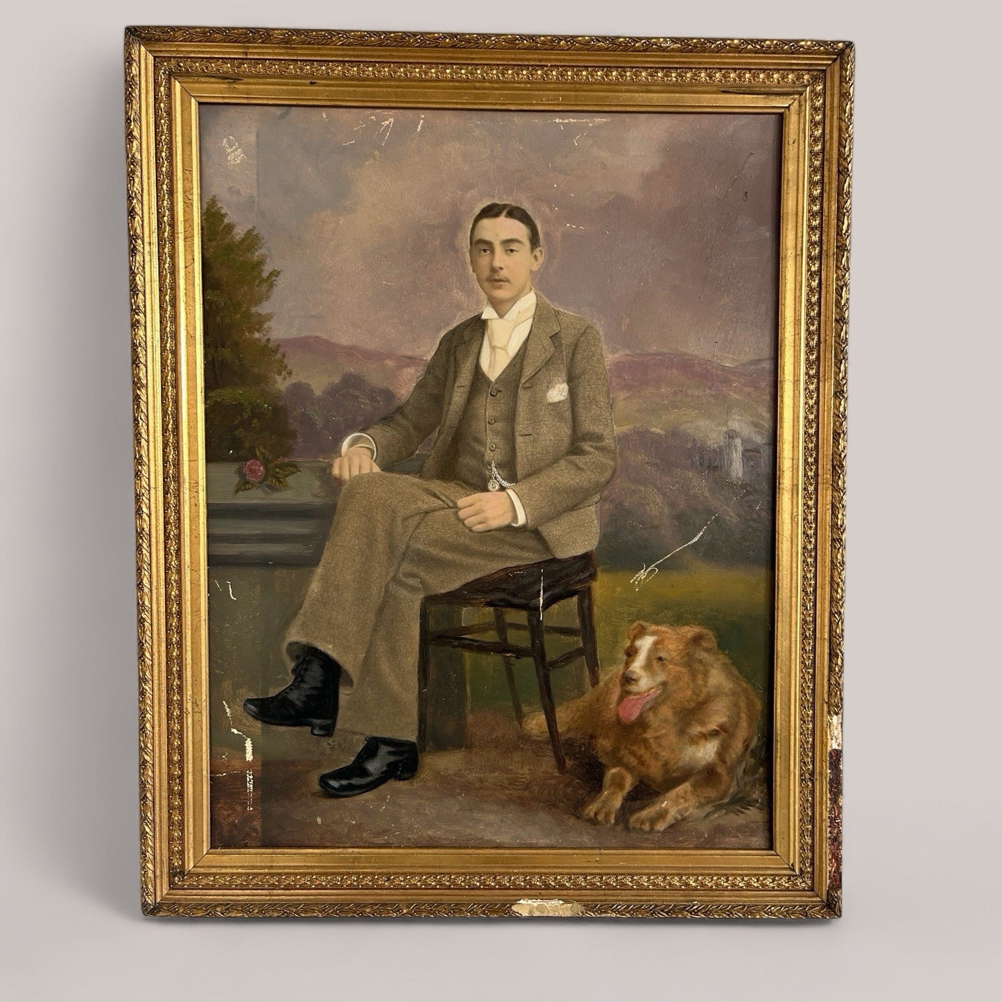 Edwardian Oil Portrait of Gentleman with Dog in Gilt Frame
