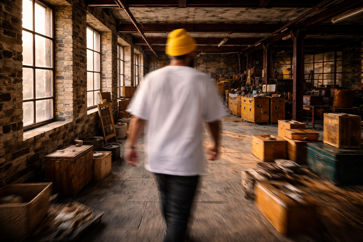 man in mill space walking away from camera - busy