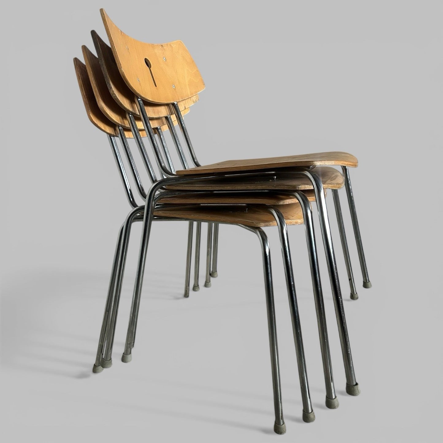 Set of 4 Vintage Stacking Chairs – Bentwood Plywood and Chrome Frames