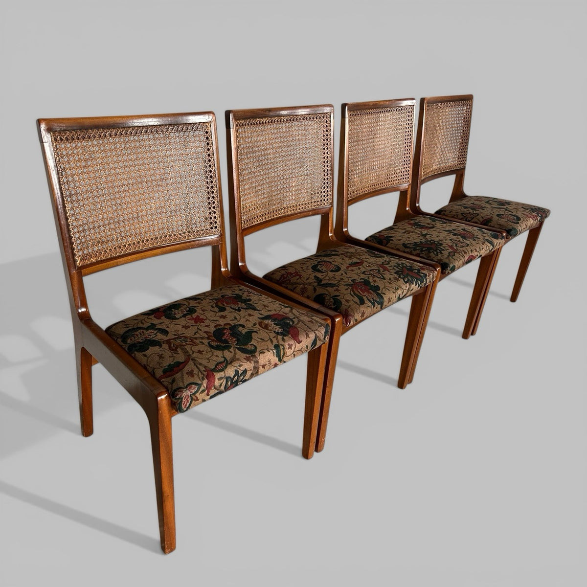 Set of 4 mid century teak dining chairs with cane backs, British vintage