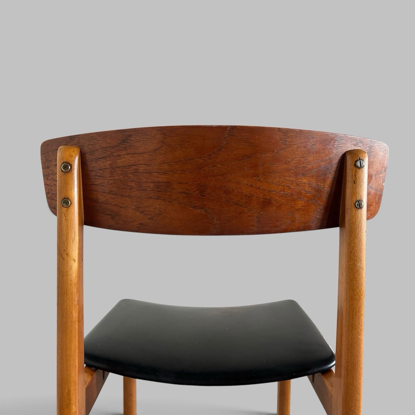 Vintage Teak Dining Chairs with Black Vinyl Seats – Set of Four