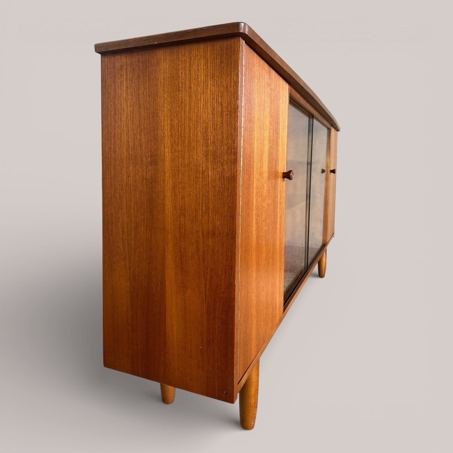 Mid Century Teak Sideboard with Sliding Glass Doors – Display Cabinet