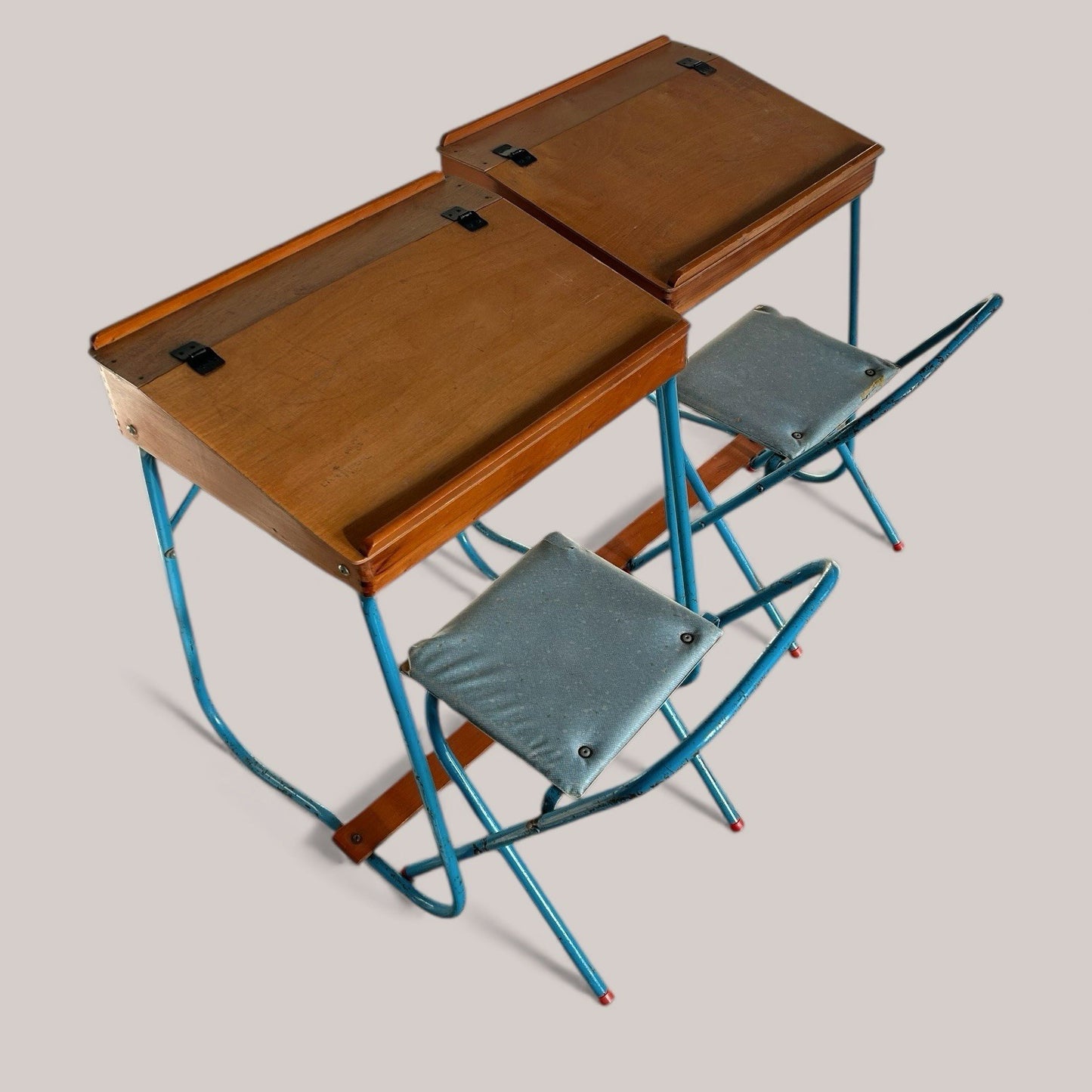 1960s Blue Metal & Pine Children’s School Desk Set