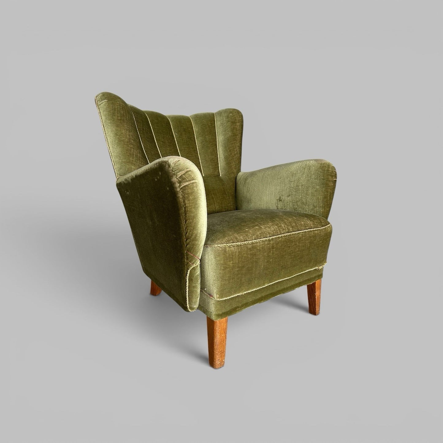 1930s Scallop Back Armchair in Green Velvet
