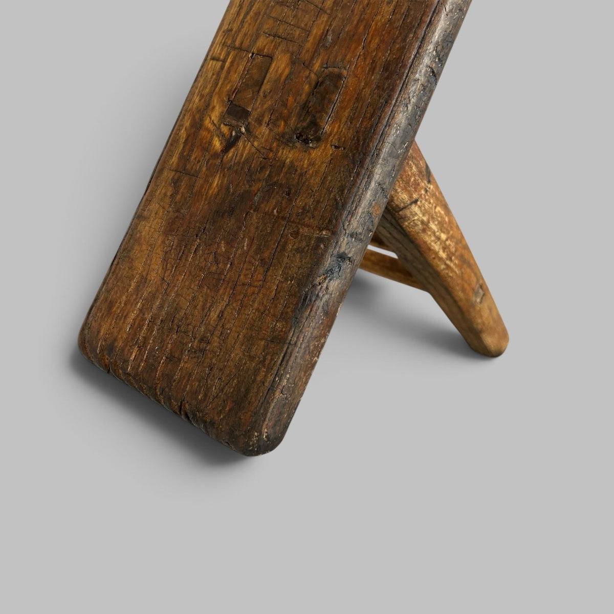 Rustic Elm Bench with A-Frame Legs and Worn Patina