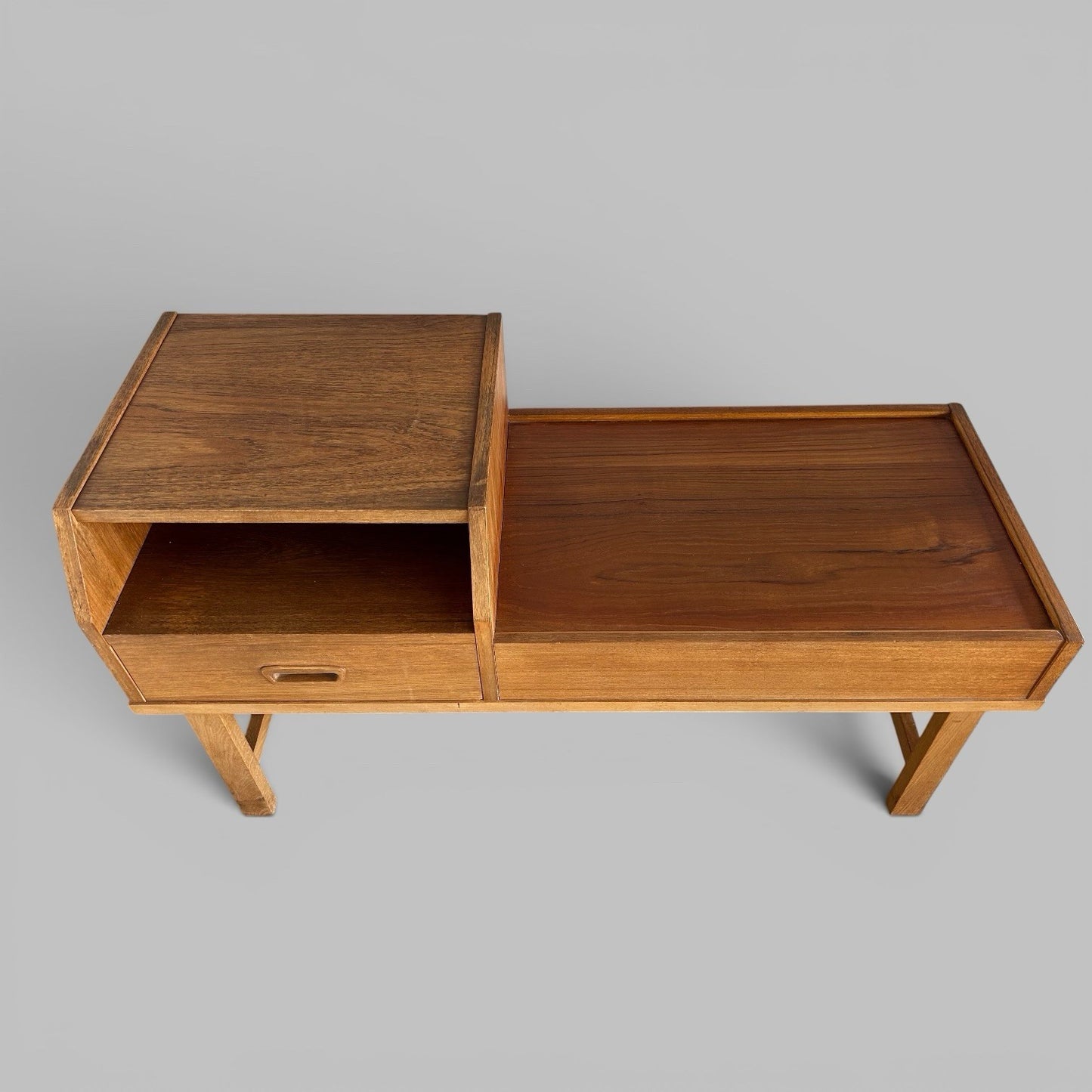 Mid Century Reversible Teak Hall Bench with Side Table & Drawer