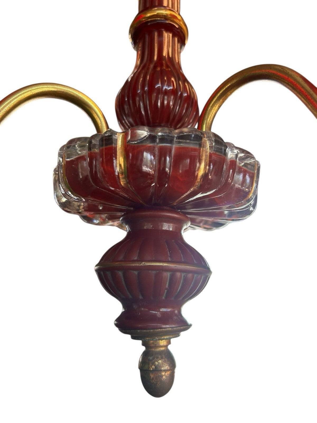 French red glass three arm chandelier / boudoir light, pendant