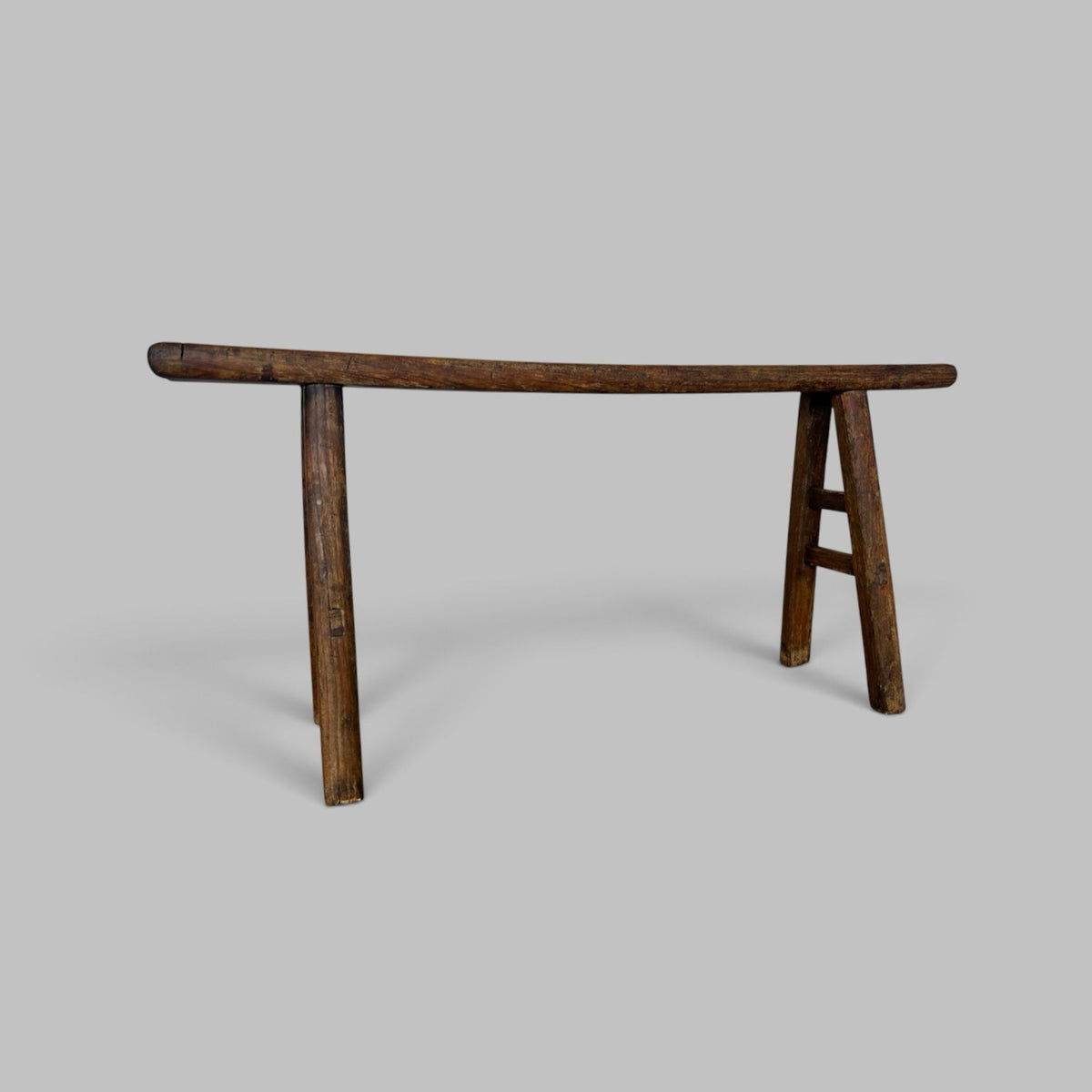 Rustic Elm Bench with A-Frame Legs and Worn Patina
