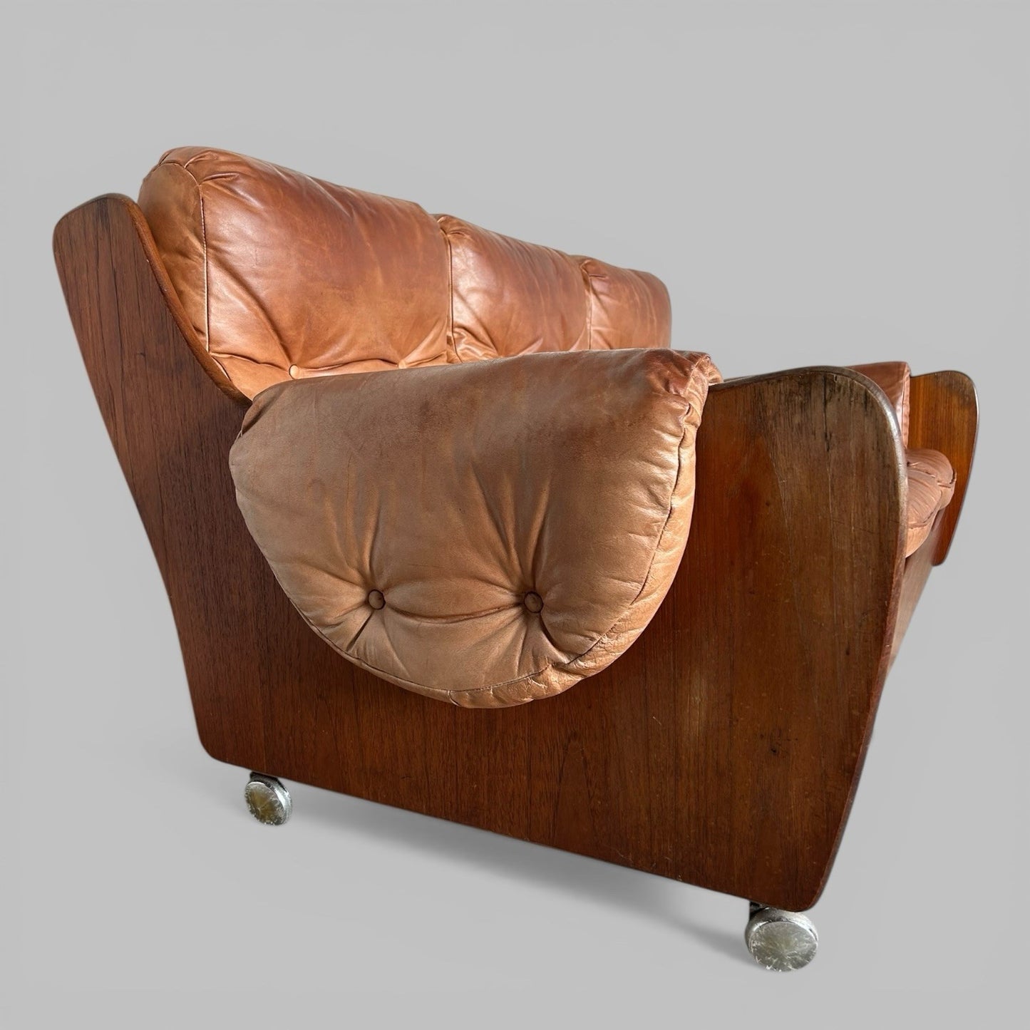 G Plan Saddleback Leather Three Seat Sofa Teak Frame Mid Century
