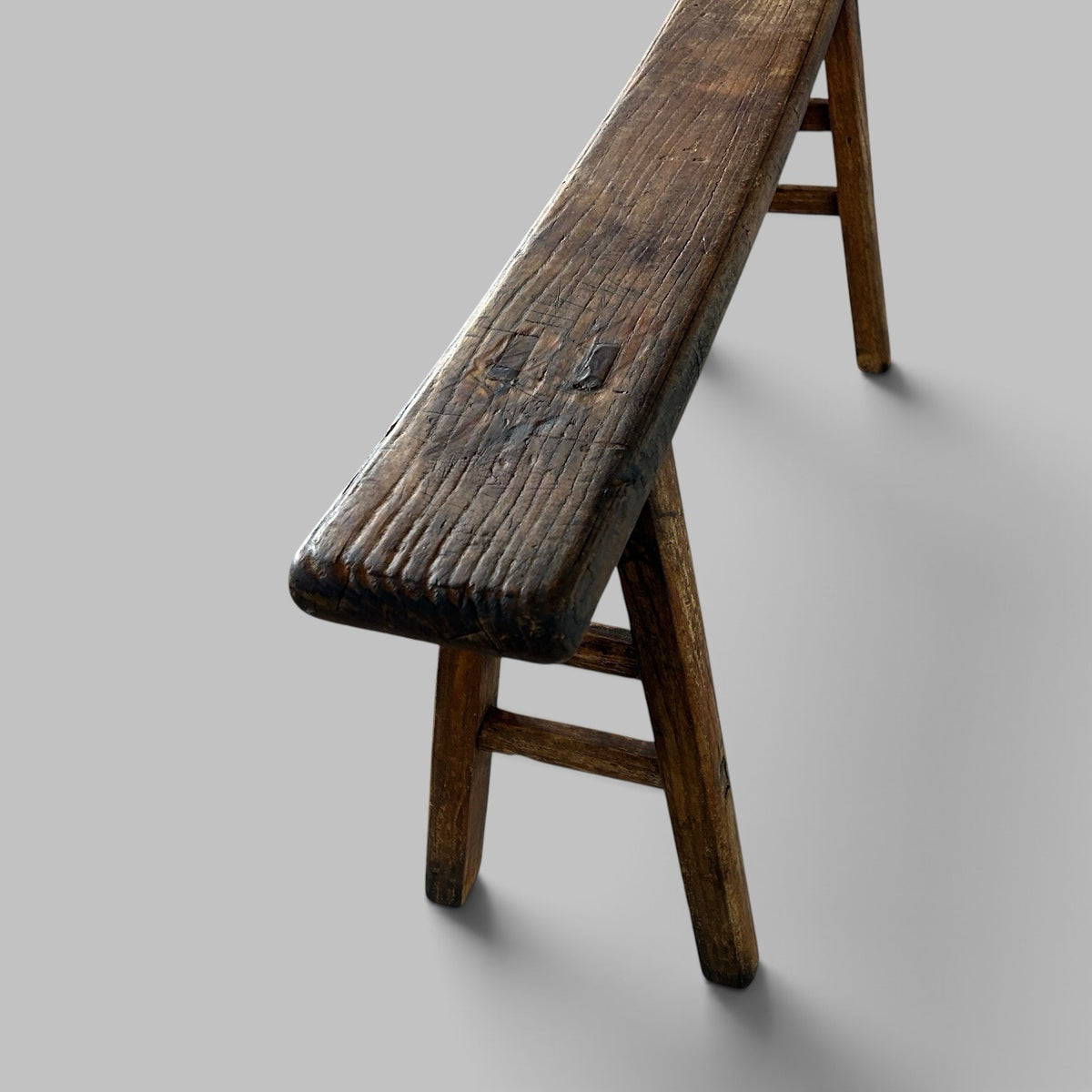 Rustic Elm Bench with A-Frame Legs and Worn Patina
