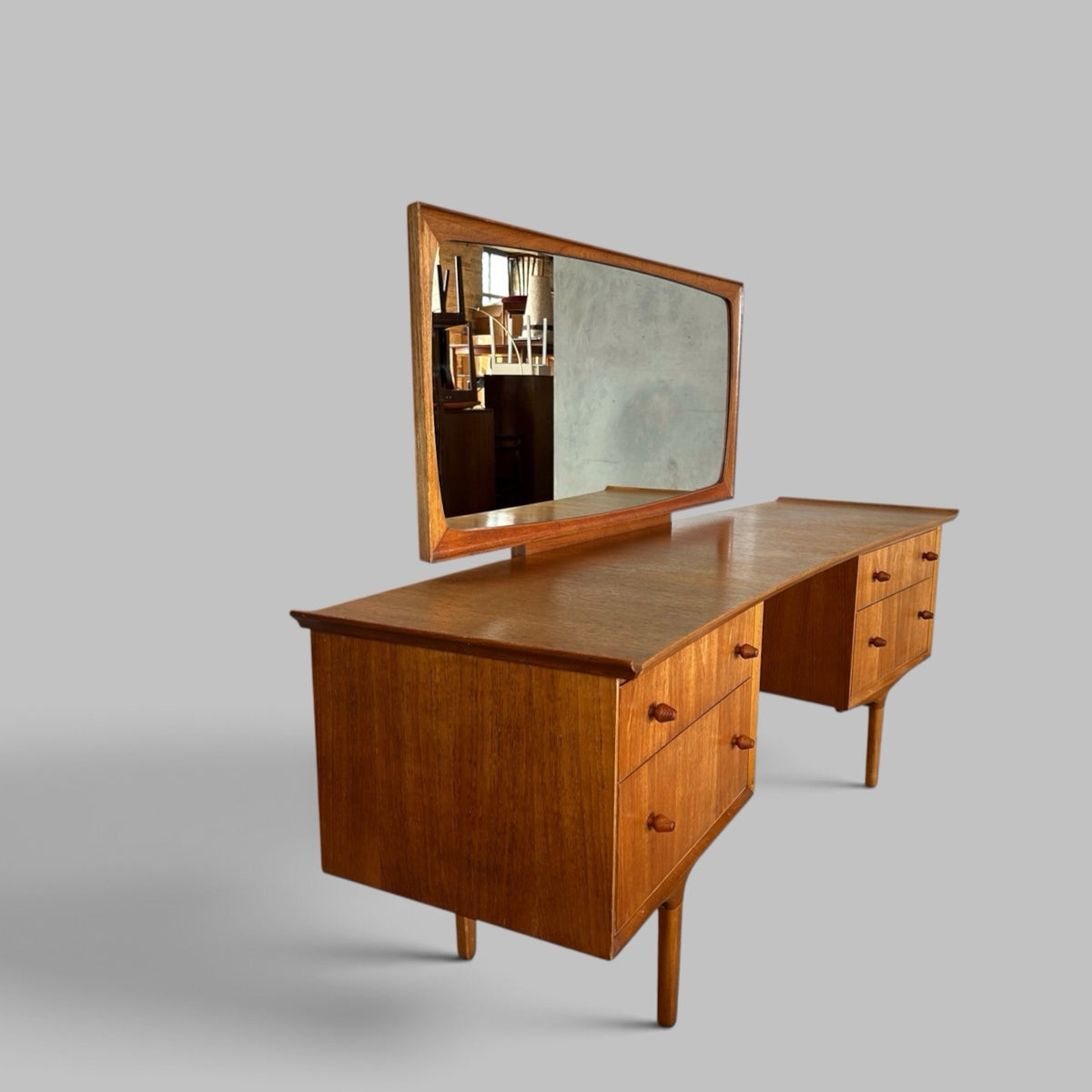1960s Vesper Bow Front Dressing Table with Sculpted Teak Mirror