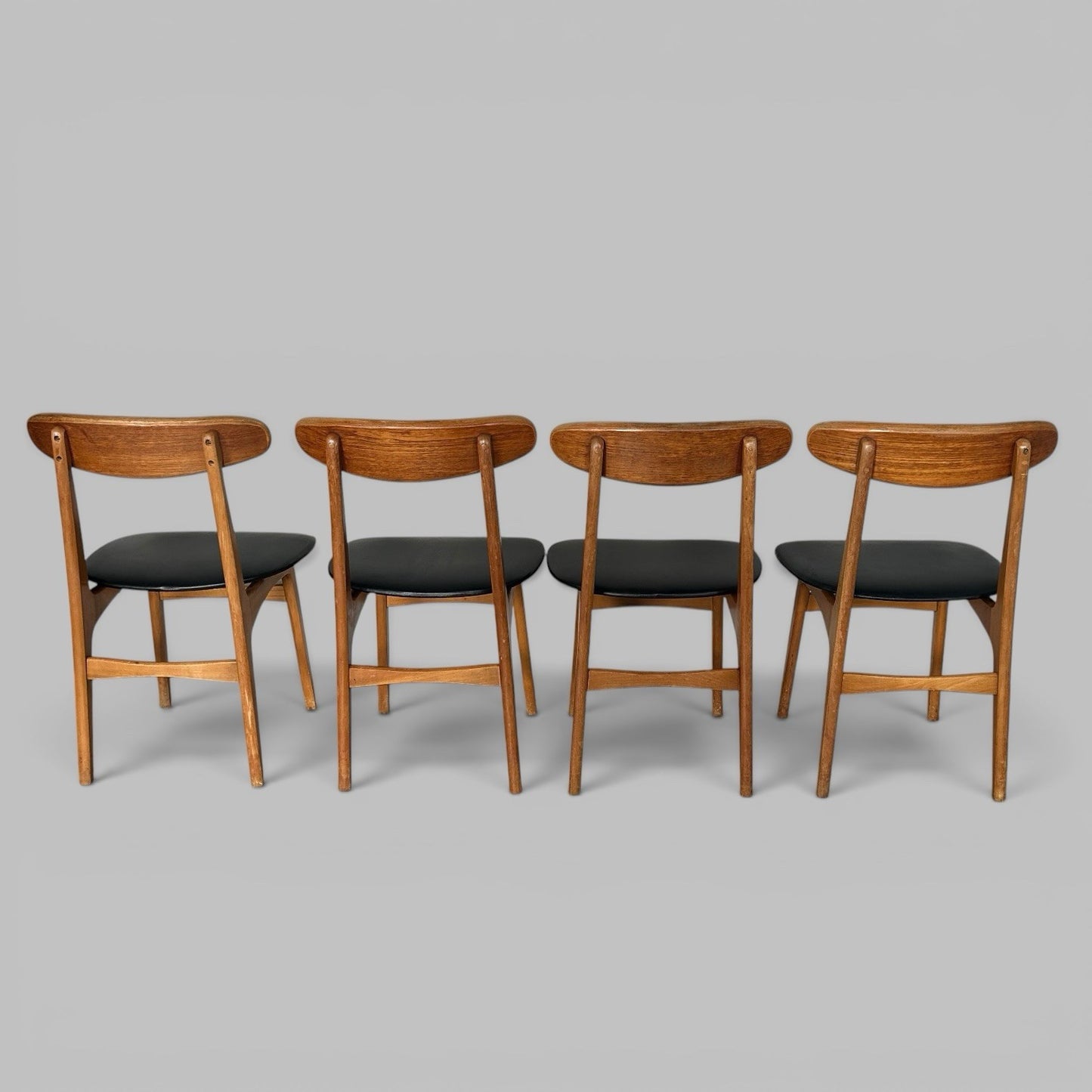 Vintage Teak Dining Chairs – Set of Four with Black Vinyl Seats