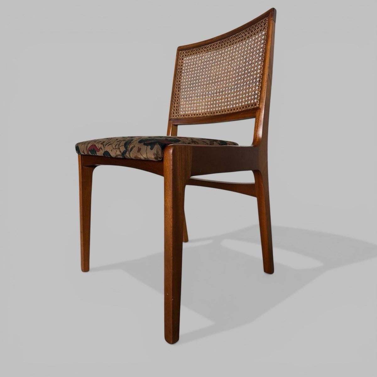 Set of 4 mid century teak dining chairs with cane backs, British vintage
