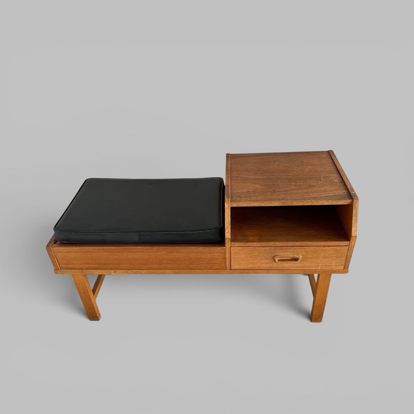 Mid Century Reversible Teak Hall Bench with Side Table & Drawer