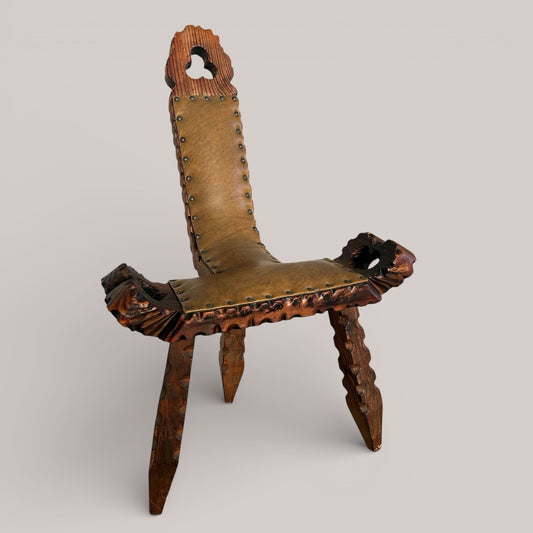 Spanish Three Legged Birthing Stool – Hand Carved Rustic Chair