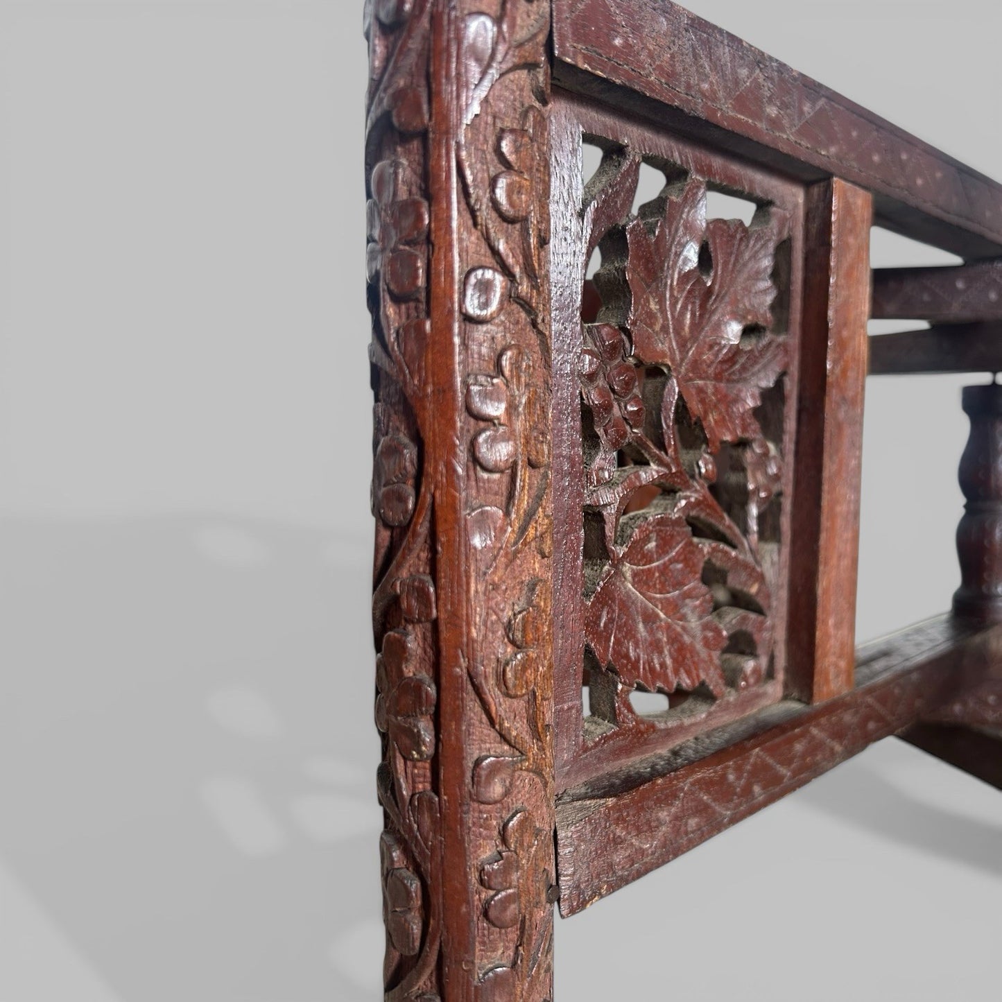 Carved Indian Folding Table with Brass Tray Top – Teak Base