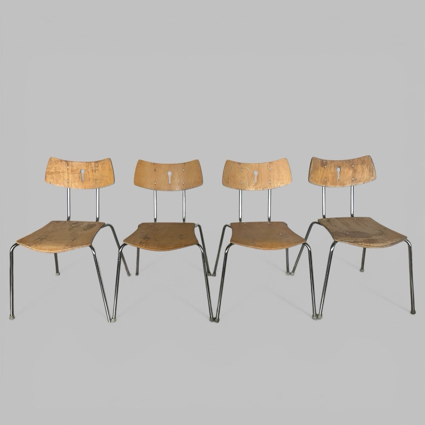 Set of 4 Vintage Stacking Chairs – Bentwood Plywood and Chrome Frames