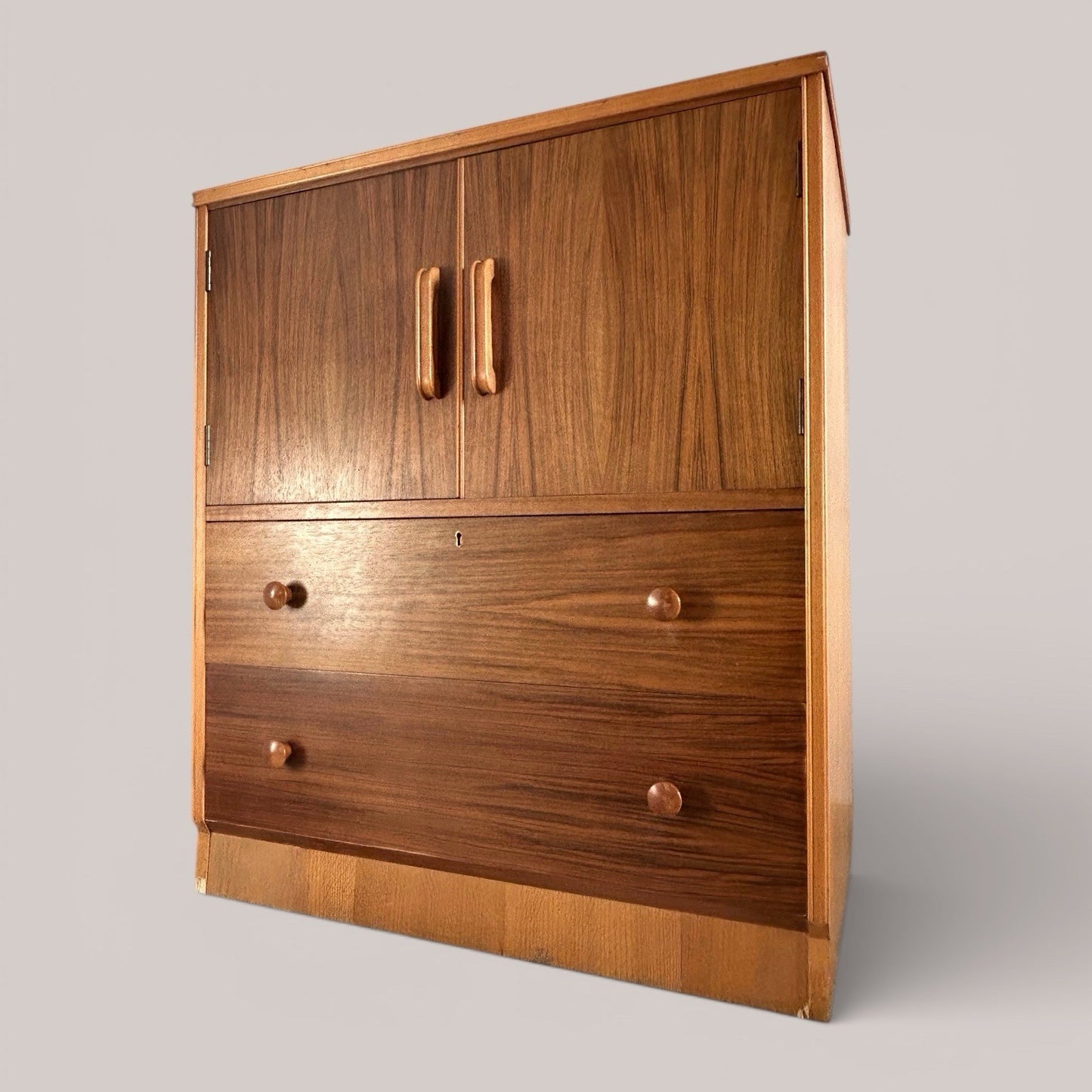 Golden Key walnut storage cabinet, mid-century