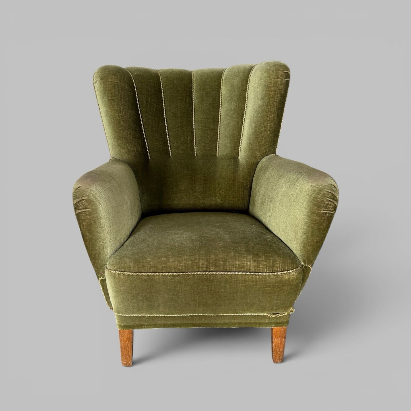 1930s Scallop Back Armchair in Green Velvet