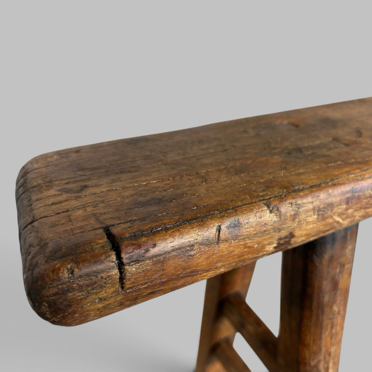 Rustic Elm Bench with A-Frame Legs and Worn Patina