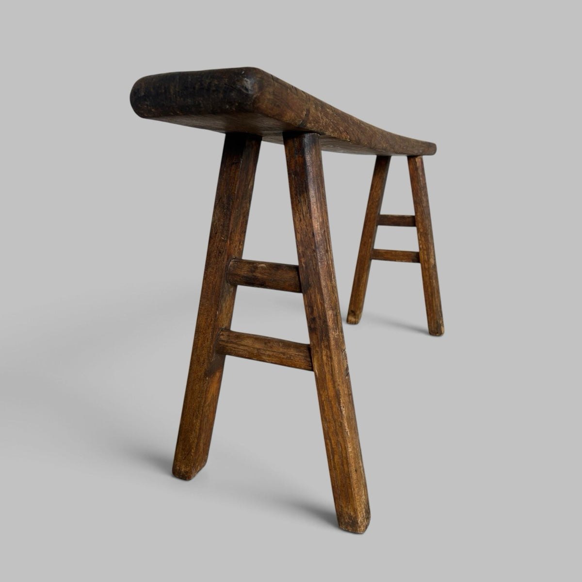 Rustic Elm Bench with A-Frame Legs and Worn Patina