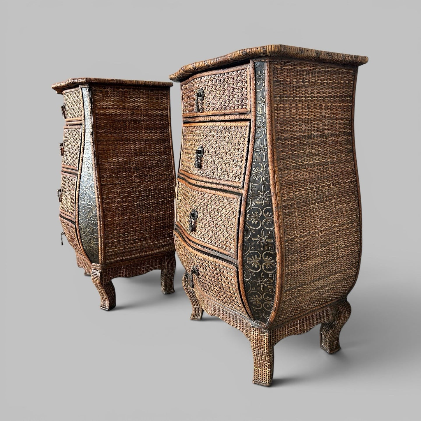 Pair of Boho Rattan Bedside Cabinets – Anglo Indian Style