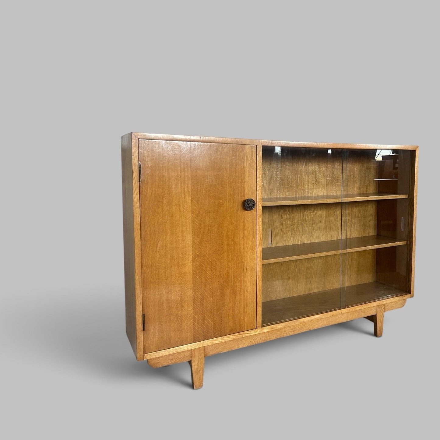 Mid Century Solid Oak Glazed Bookcase with Cupboard